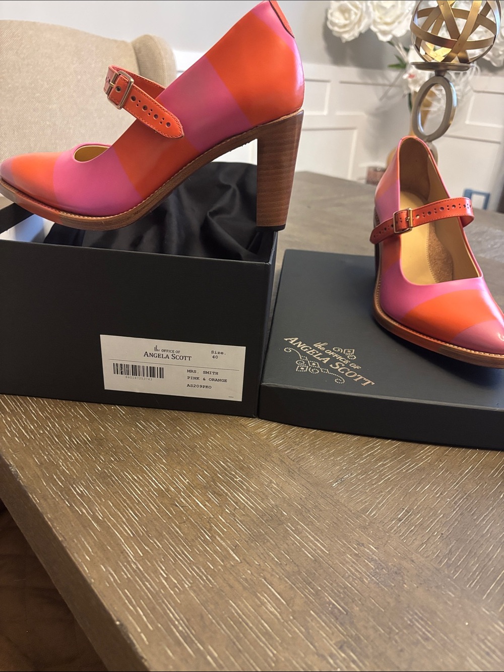 The Office of Angela Scott Women’s Pink & Orange Mary Jane Block Heel Pumps